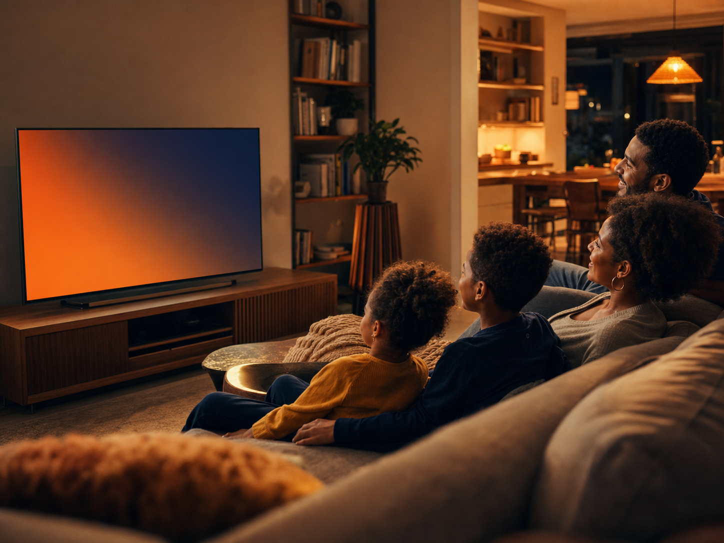 Família reunida assistindo à Raro TV na sala